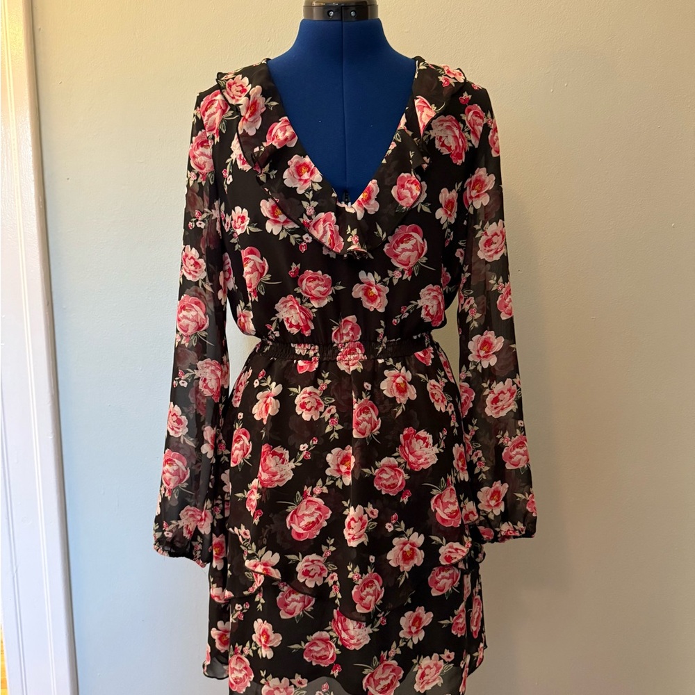 H&M Black and Pink Floral Long Sleeve Dress